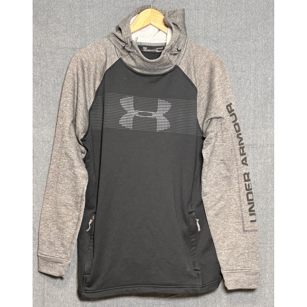 Under Armour Mens ColdGear Hoodie Large Black Grey Raglan Pullover Sweatshirt‎ L